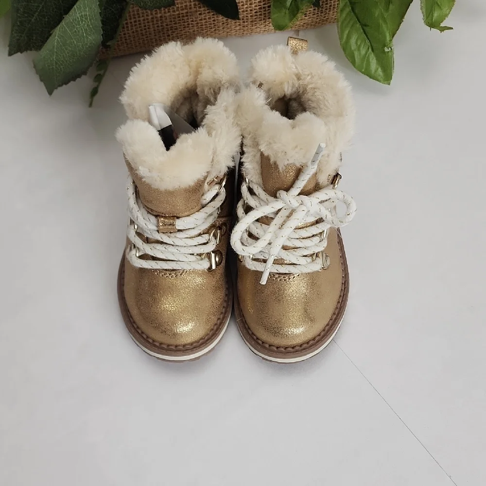 Kids Metallic Gold Faux-Fur Lined Winter Boots